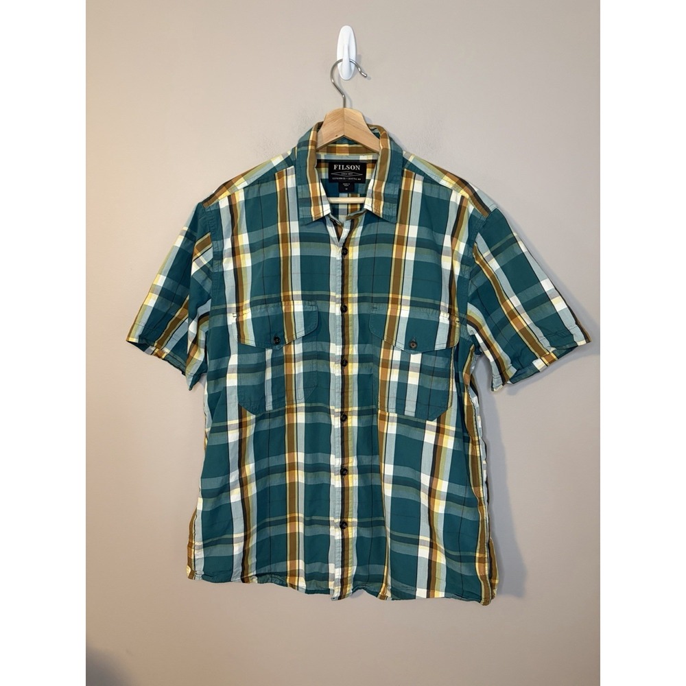 Filson Plaid Shirt Mens Medium Teal Short Sleeve Button Front Outdoor